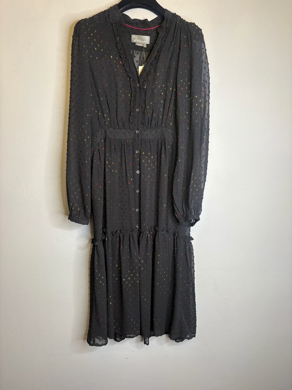 Douglas Hannant Sheer Dot Midi Dress Women's Size XS Black Multi Long Sleeve